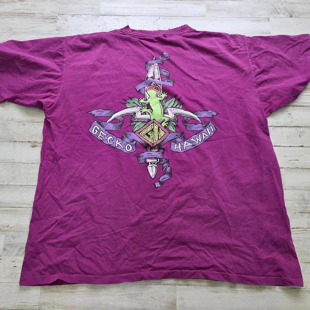 Vtg Y2K Gecko Hawaii Surf Pink Graphic Tee - Distressed - Men's XL T-Shirt